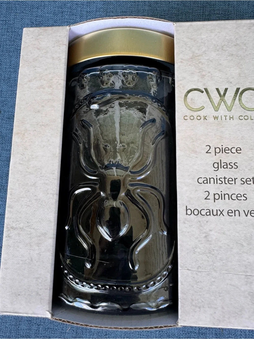 Cook With Color Grey Glass Spider Embossed Canister Set with Gold Lids - 2 Piece